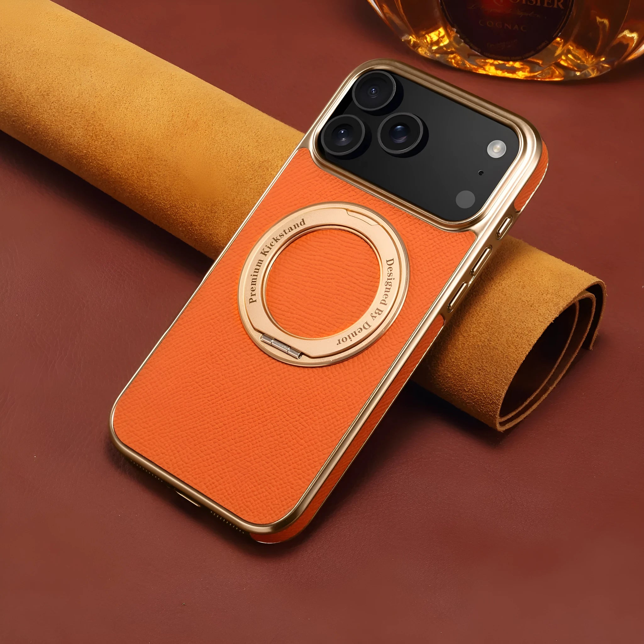 Genuine leather magnetic phone case for iPhone with electroplating finish in green colour with bracket feature