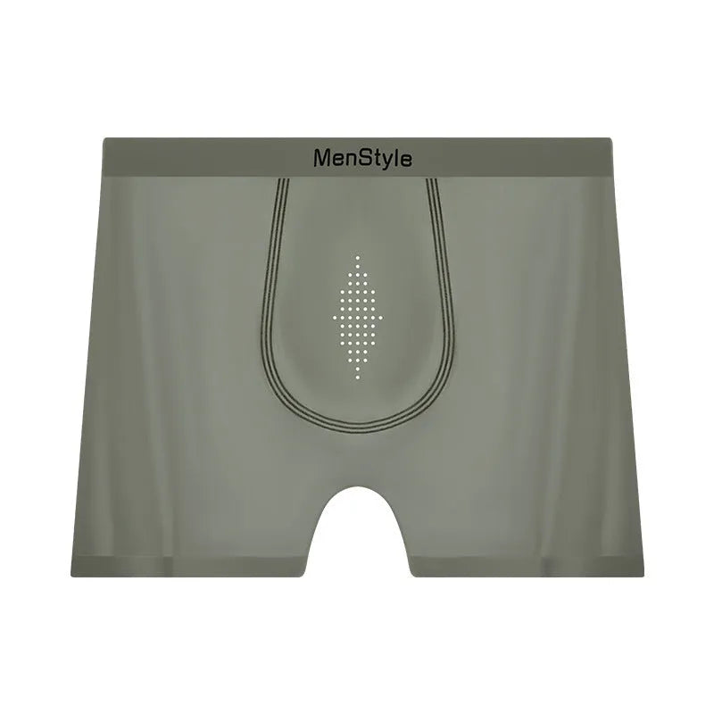 Men's seamless ice silk boxers in dark grey colour showing mid-waist and single-layer design.