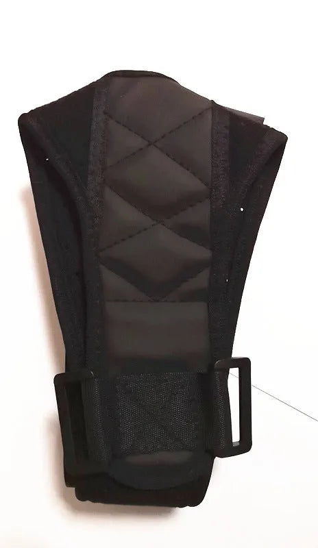 Black elastic posture corrector belt with adjustable webbing on a light background