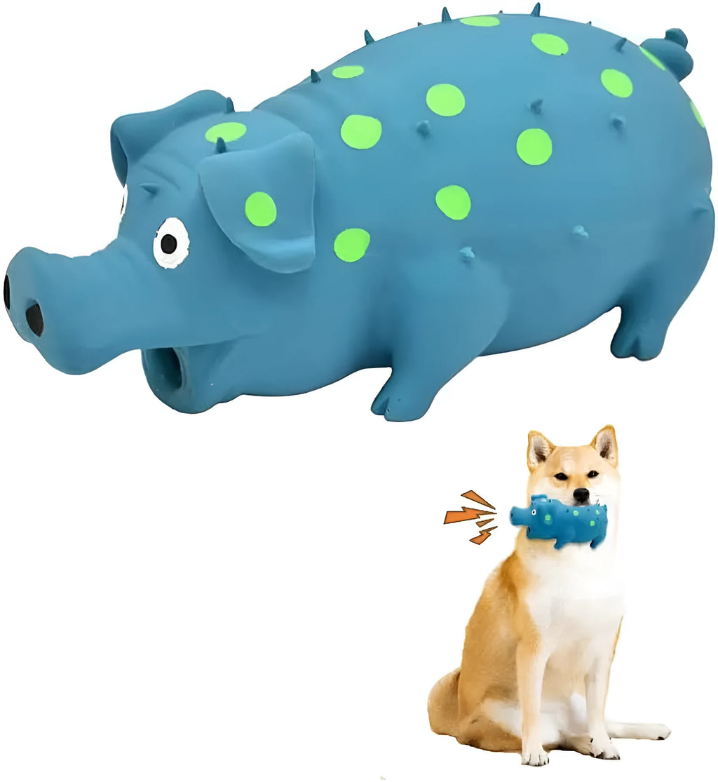 Blue latex pig-shaped squeaky dog chew toy on a white background.