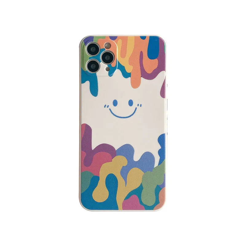 Simple Case Silicone iPhone case in graffiti design, showing Full Screen Smiley, Rainbow, and Watercolor colour options.
