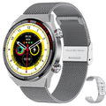Smartwatch with rotary dial, black leather strap, and 1.3-inch screen displaying health stats.