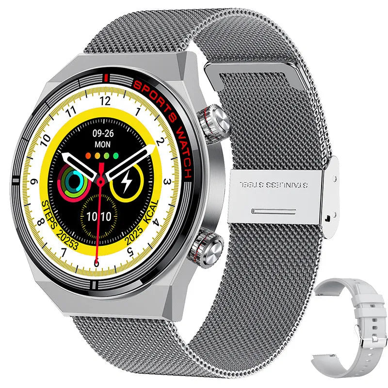 Smartwatch with rotary dial, black leather strap, and 1.3-inch screen displaying health stats.
