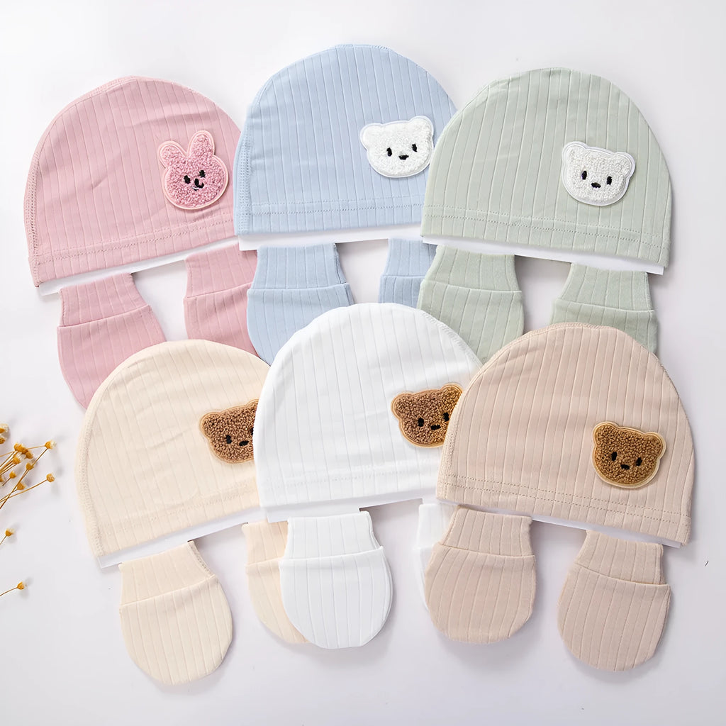 Baby bear printed cotton hat in dome crown style for boys and girls, windproof, warm, in six colour options