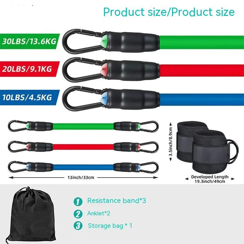 Set of three colour-coded TPE resistance bands with foot loops and a storage bag for fitness.