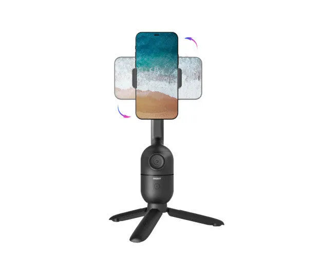 Black mobile phone bracket with face-following PTZ head mounted on a collapsible tripod.