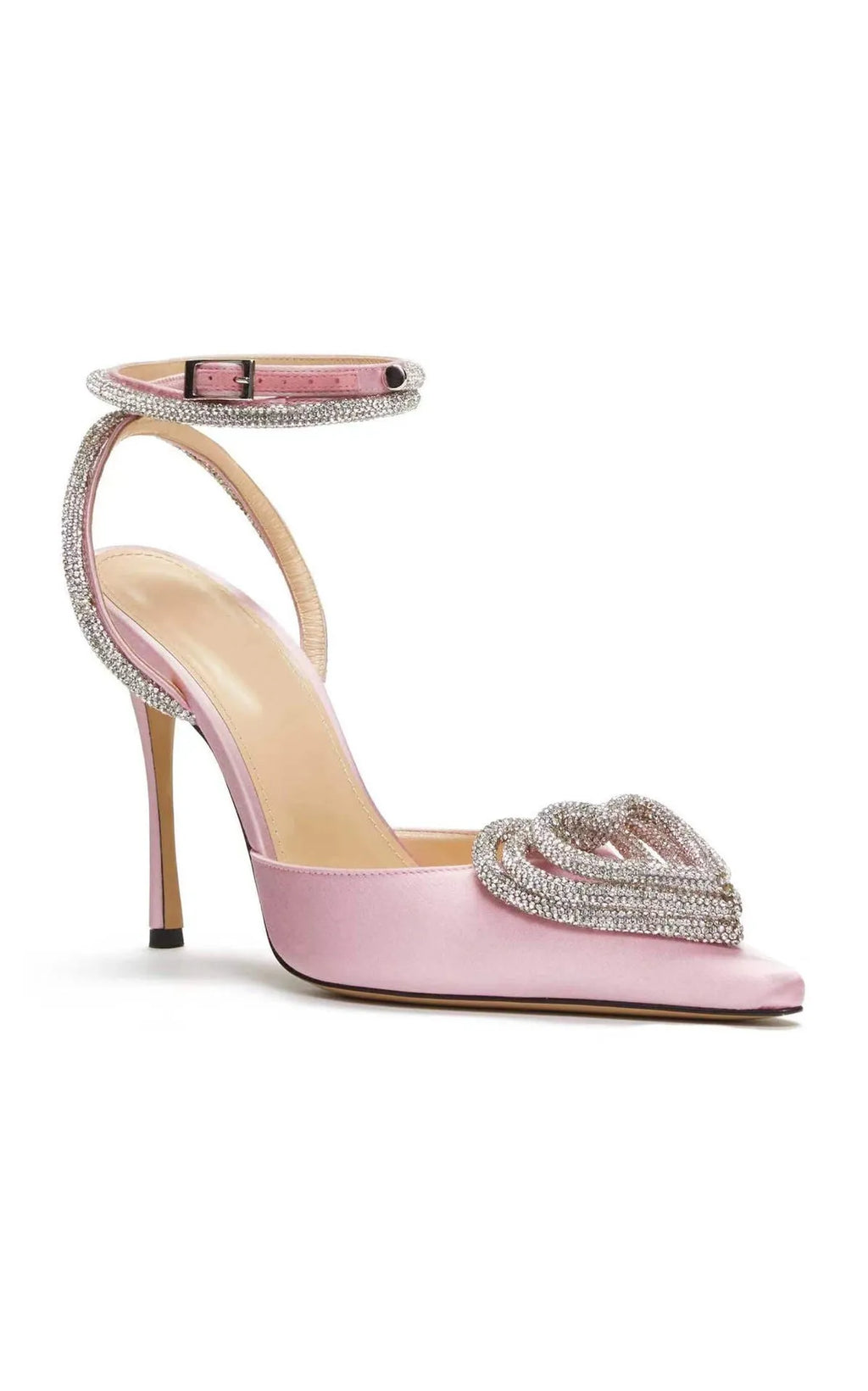 Women's fashionable black satin sandal with heart-shaped rhinestone and adjustable cross-belt strap.