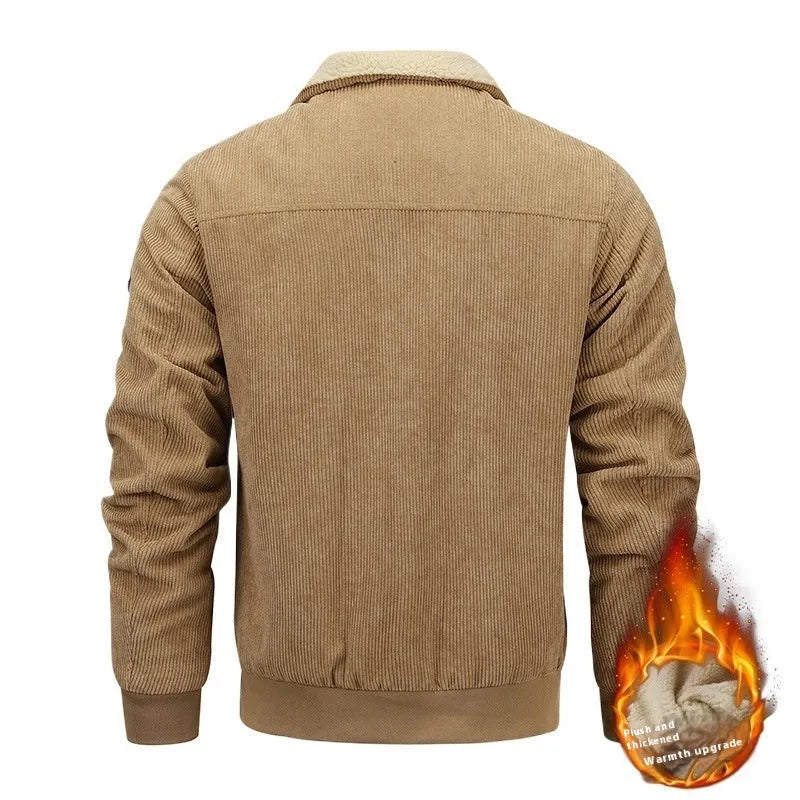 Men's winter lapel fleece jacket with pockets, windproof cotton coat in khaki, grey, and black, sizes M to 8XL