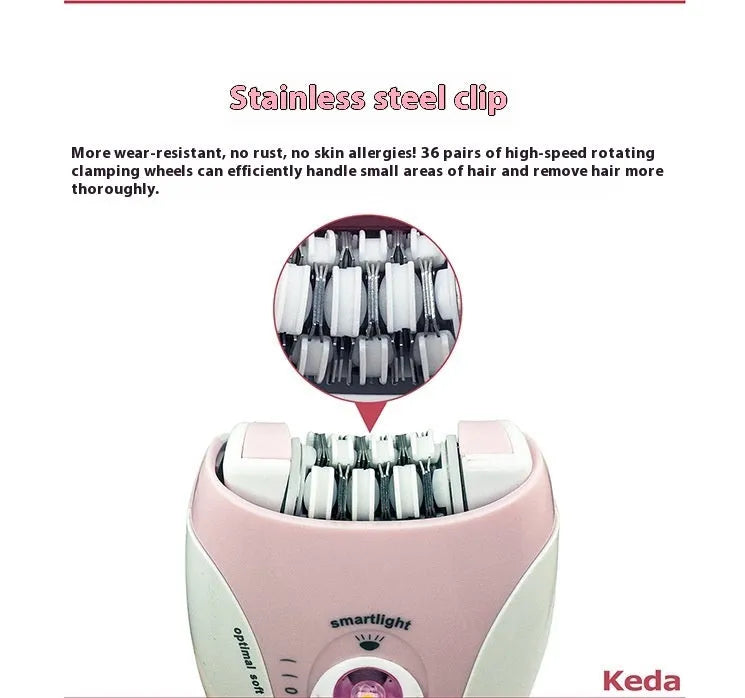 Portable USB-powered electric epilator in colour KEDA-216 with cleaning brush.