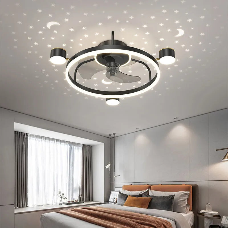 Intelligent silent ceiling fan lamp with PVC blades and remote control in black finish