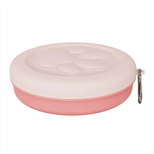 Light green and pink portable plastic dog bowl for outdoor feeding