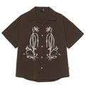 Brown striped outdoor waterproof Cuban collar short sleeve shirt on hanger