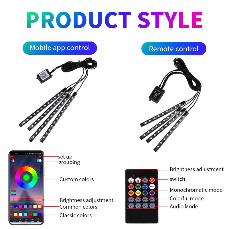 Car footwell LED atmosphere lighting strips with smartphone APP control showing eight colour options