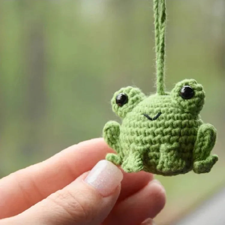 Green handmade plush frog woven pendant for car rear view mirror.