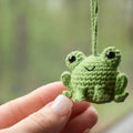 Green handmade plush frog woven pendant for car rear view mirror.