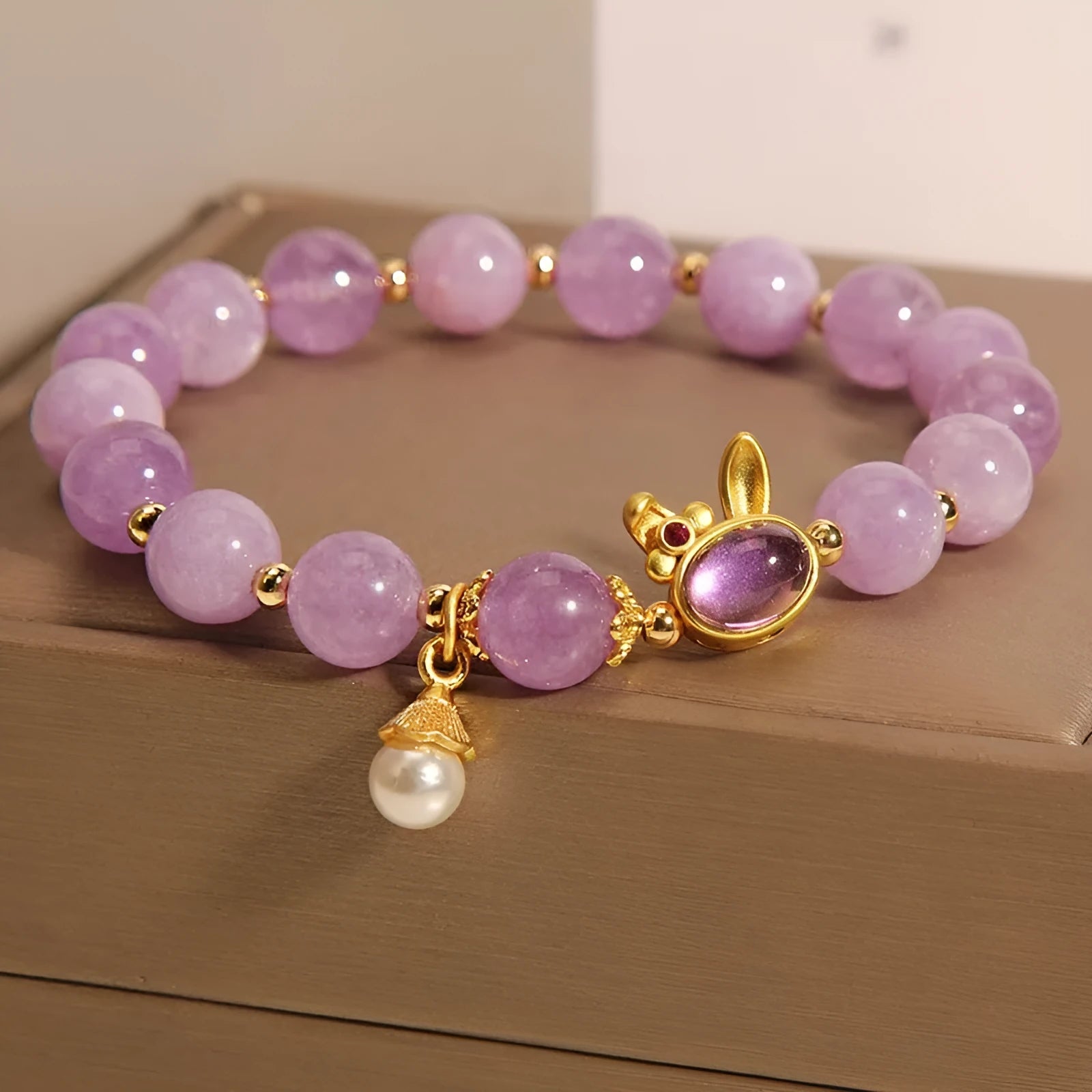 Mori style mauve jade rabbit bracelet with hare head crystal charm on adjustable band
