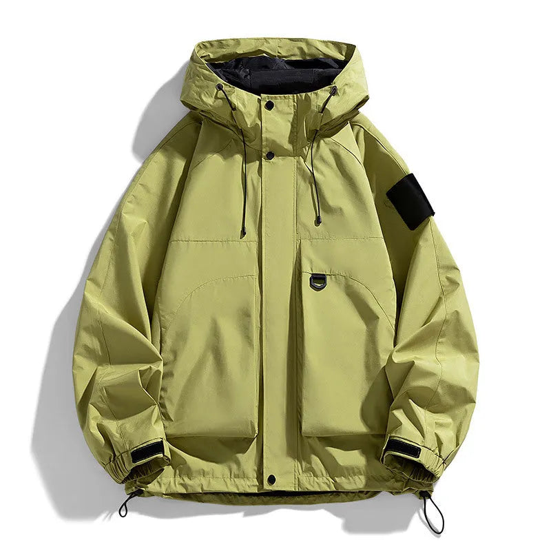 Men's black waterproof windproof hooded coat with polyester fibre construction