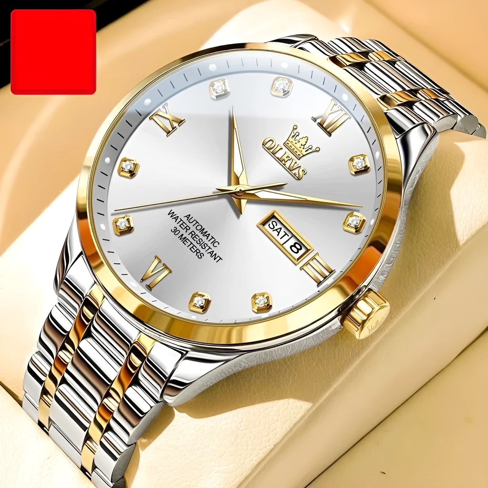 Men's waterproof automatic mechanical watch with 13mm stainless steel case and bracelet on white background