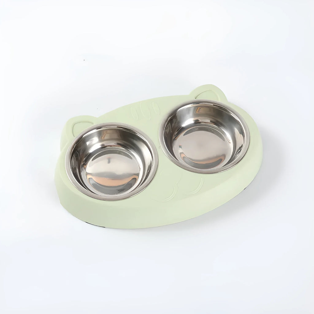 Blue plastic double bowl pet feeding tray for cats and dogs with food and water compartments