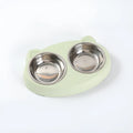 Blue plastic double bowl pet feeding tray for cats and dogs with food and water compartments