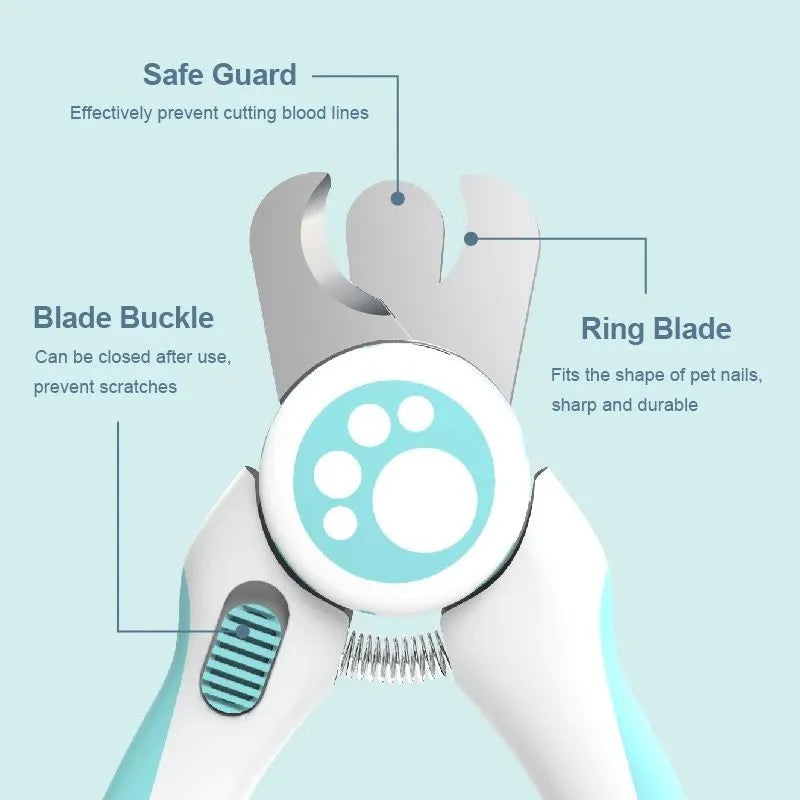 Blue and white professional pet nail clipper with stainless steel blades and safety lock