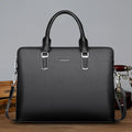 Men's PU leather business handbag with litchi pattern, horizontal square shape, telescopic handle, black or brown