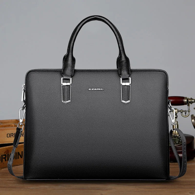Men's PU leather business handbag with litchi pattern, horizontal square shape, telescopic handle, black or brown