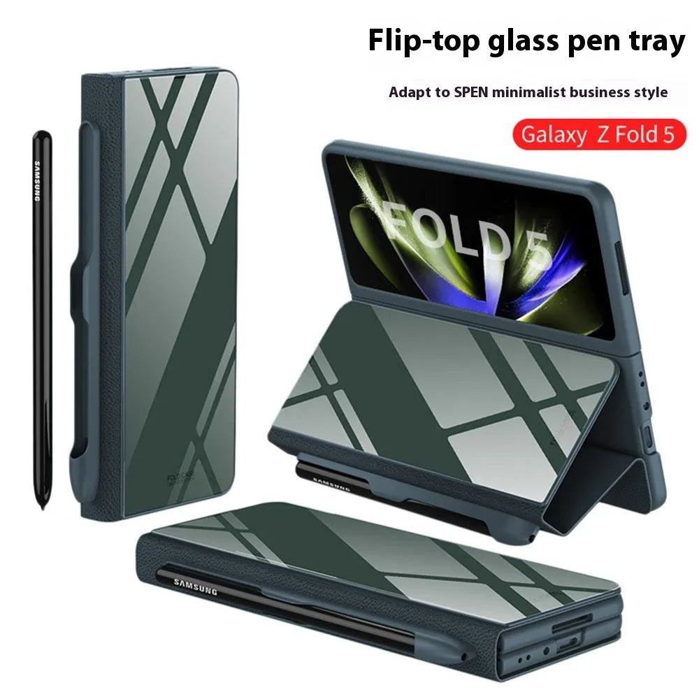 Samsung Galaxy Z Fold5 flip phone case in black camouflage pattern with imitation leather finish