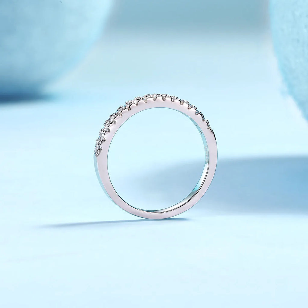 Parallel World moissanite wedding ring set in gold, S925 silver with platinum plating, on white background