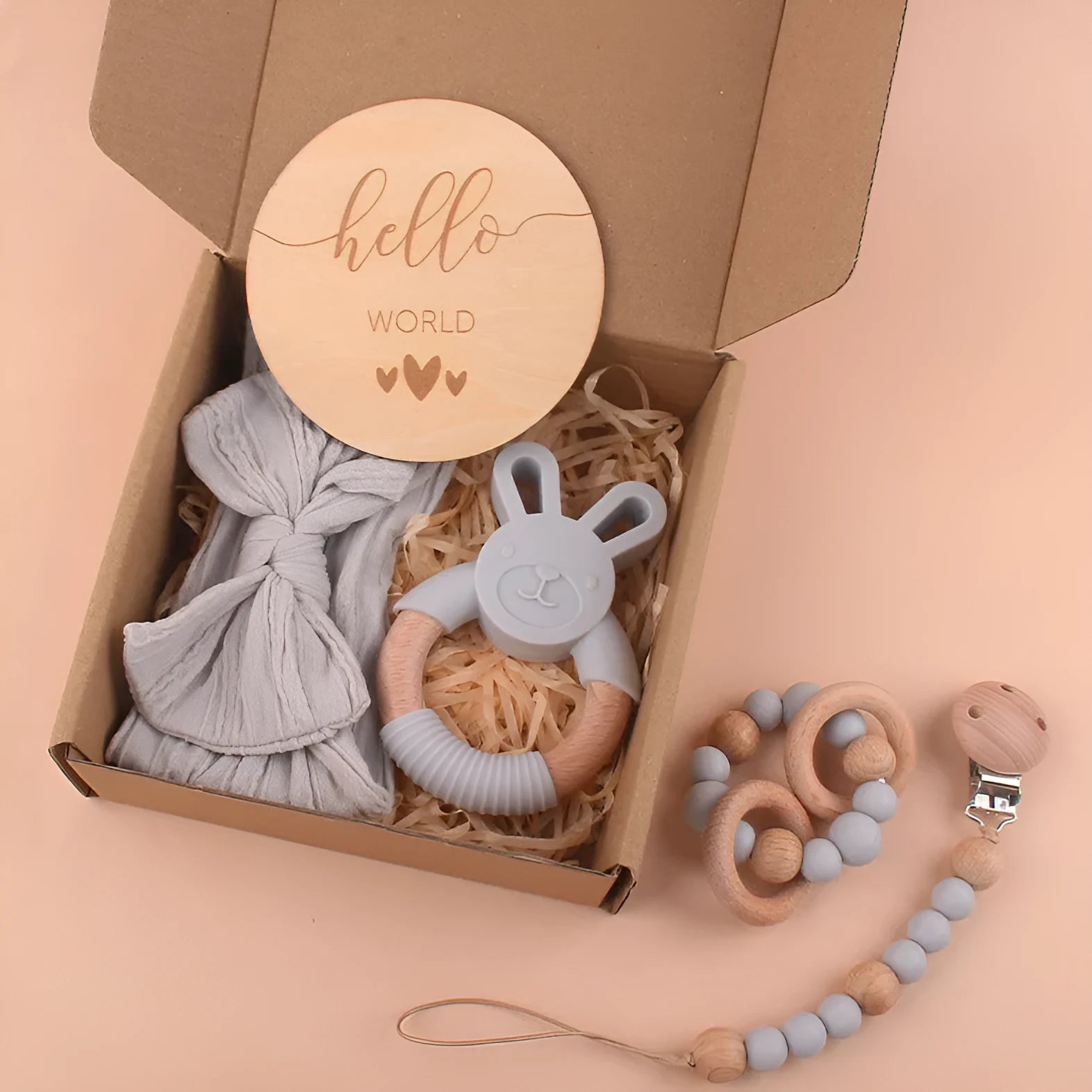 Baby silicone beech wood cotton pacifier clip five-piece set in purple, gray, cyan, peach, and pink