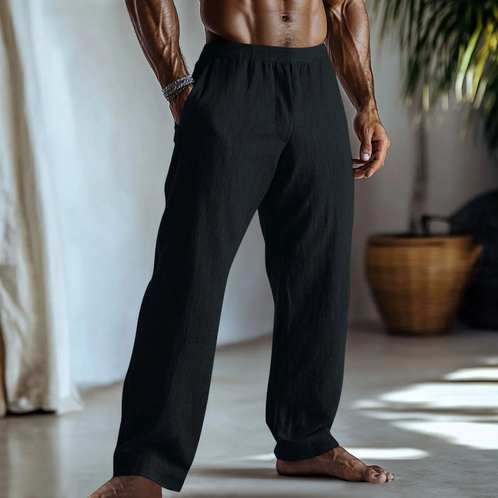 Straight-leg cotton linen casual trousers in light green colour showing front and back views
