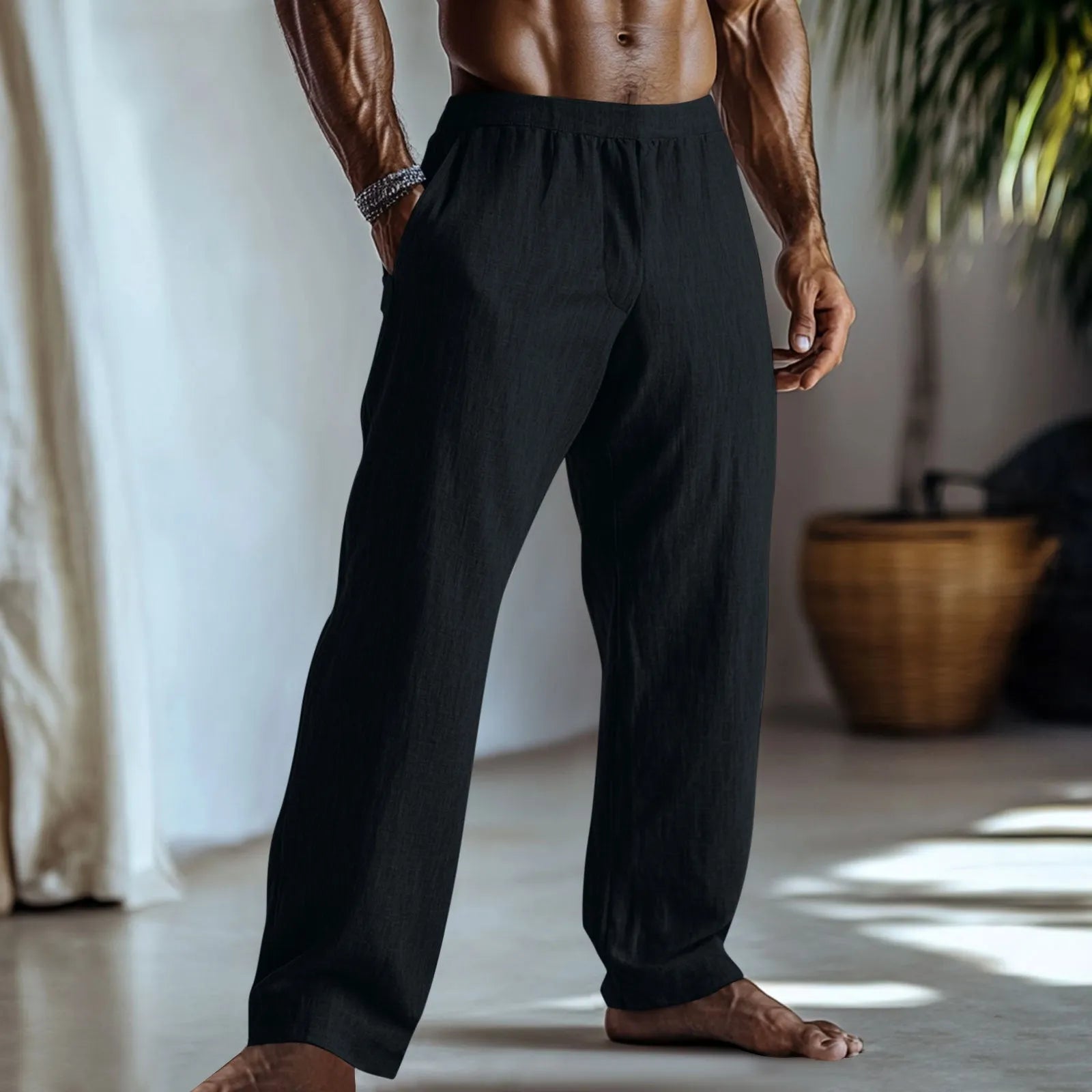 Straight-leg cotton linen casual trousers in light green colour showing front and back views