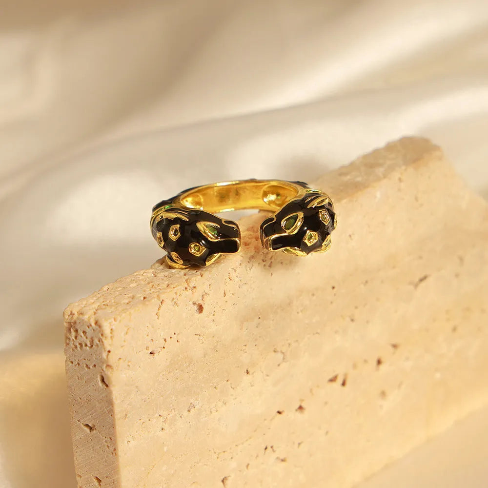 Women's black cheetah pattern geometric open ring with oil drip effect, size no.7
