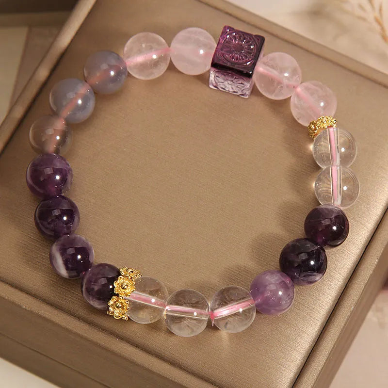 Purple natural amethyst crystal women's bracelet with rhinestone details, 10mm size.