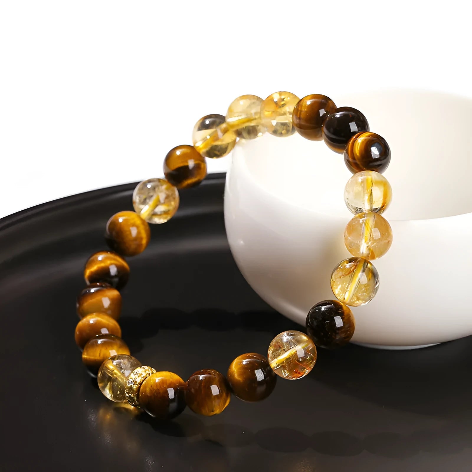 Natural yellow tiger eye crystal bracelet with 8mm geometric beads and mixed tower design