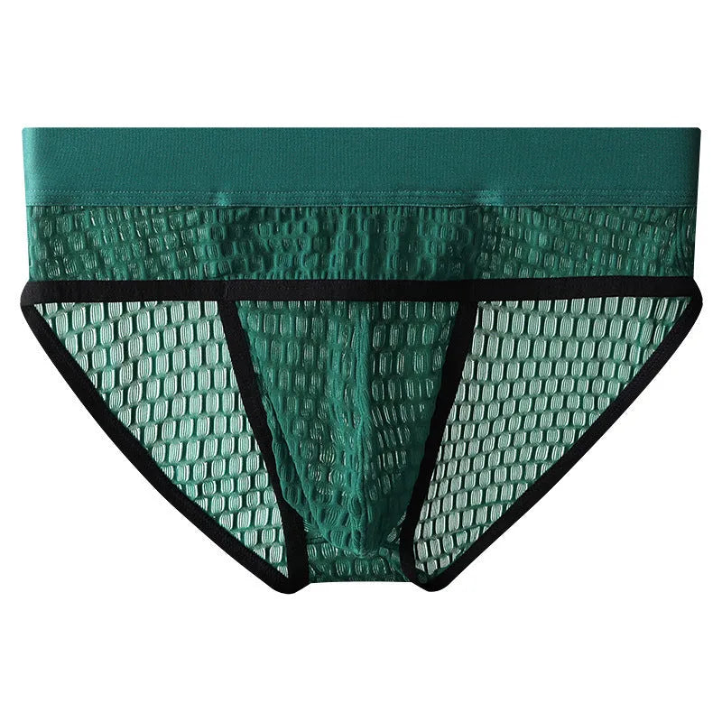 Men's solid colour lace briefs with a mid-rise waist and U-pouch design.