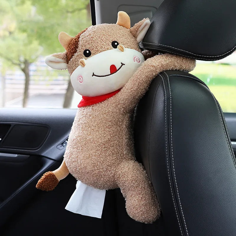 Soft plush car headrest tissue box holder in a cute animal character style.