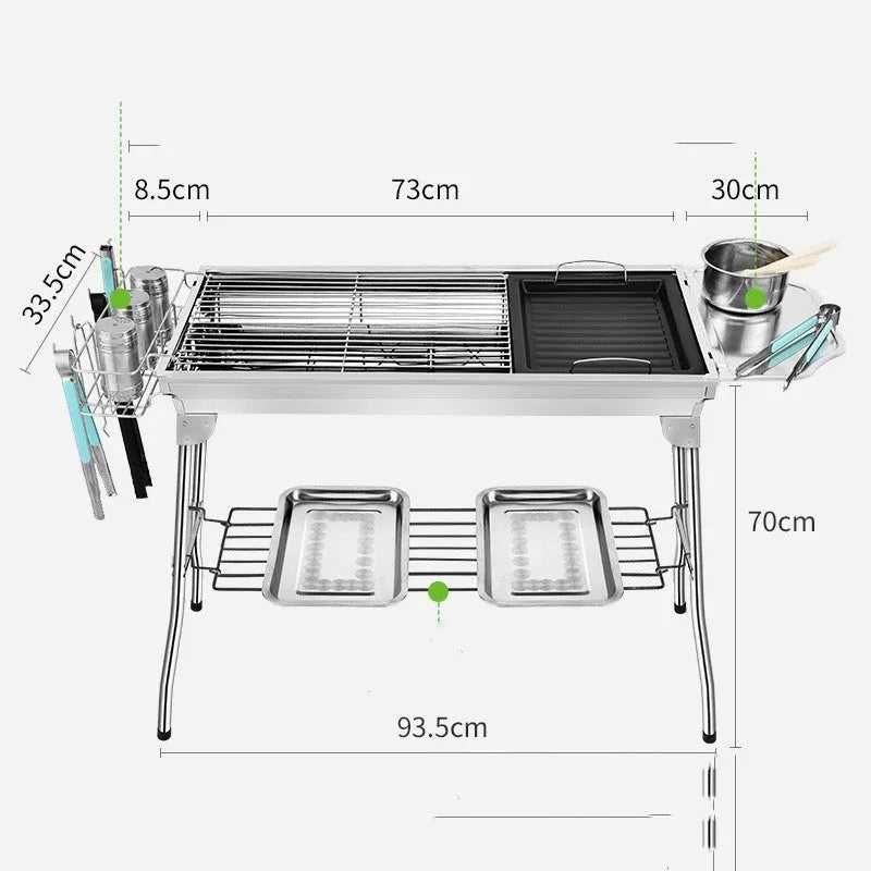 Stainless steel portable folding barbecue oven with cooking grill.