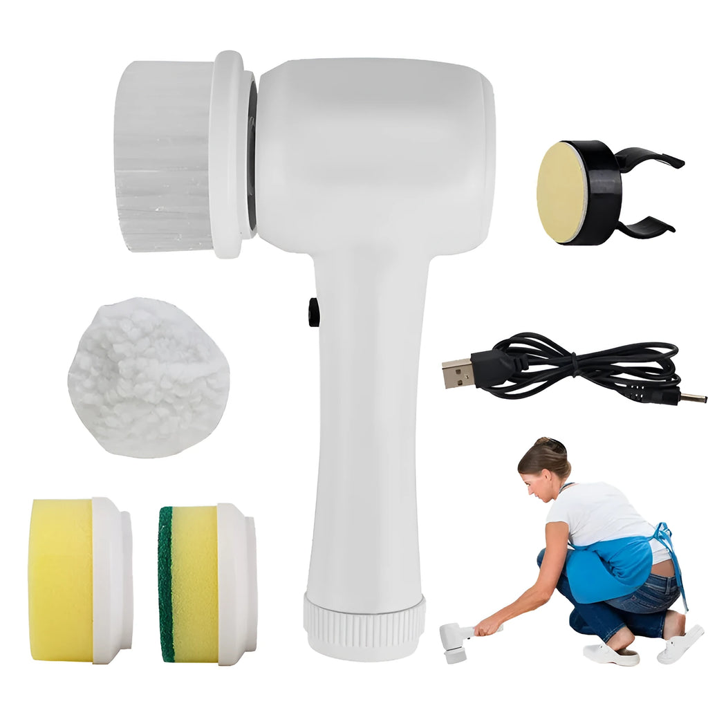 White cordless electric cleaning brush with multiple brush heads on charging dock
