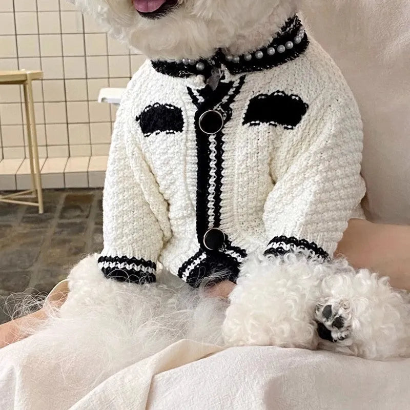 Dog striped knitted sweater cardigan in beige full print bear design on a small dog