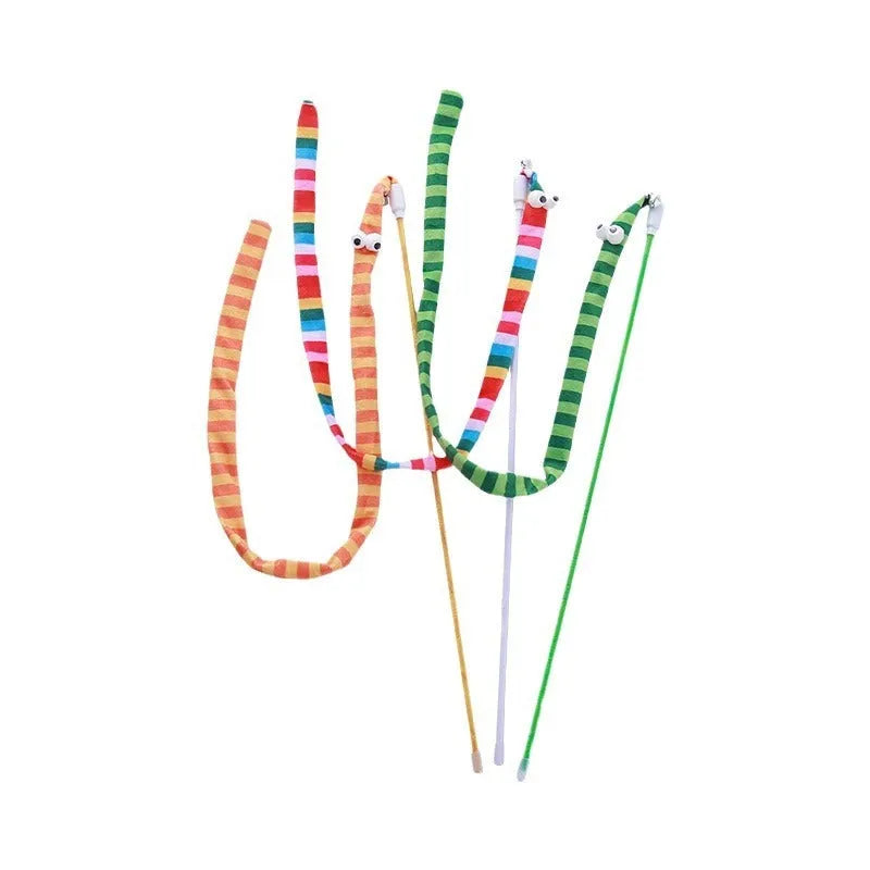 Cat teaser wand toy with long colourful plush strip on a polycarbonate handle