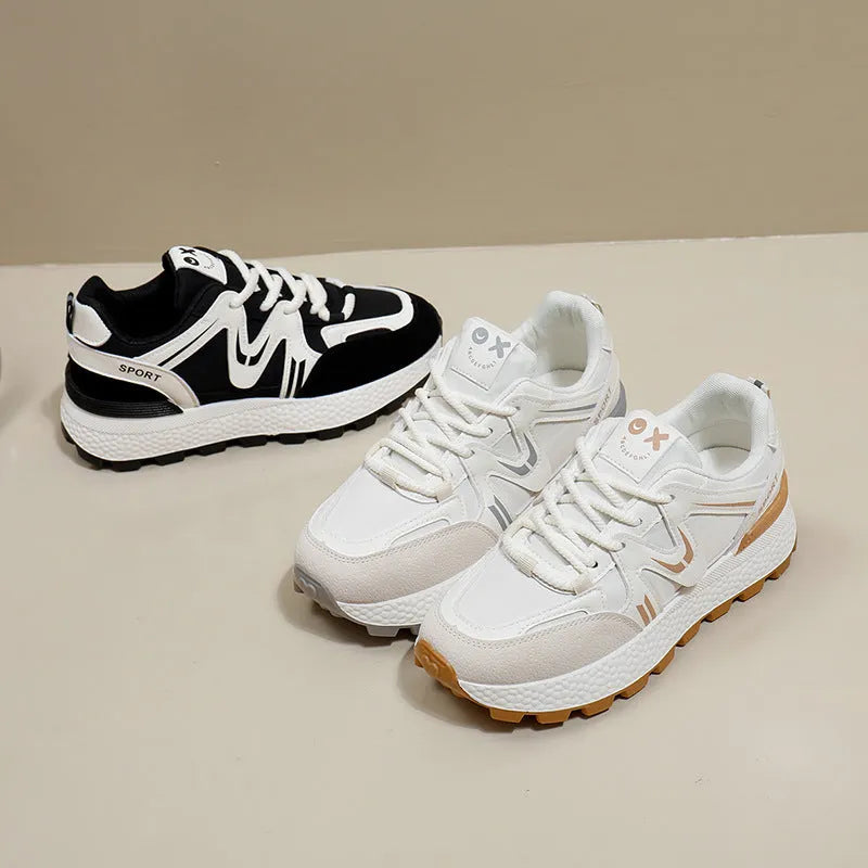 Women's flat-heel platform casual shoes in artificial PU with lace-up front