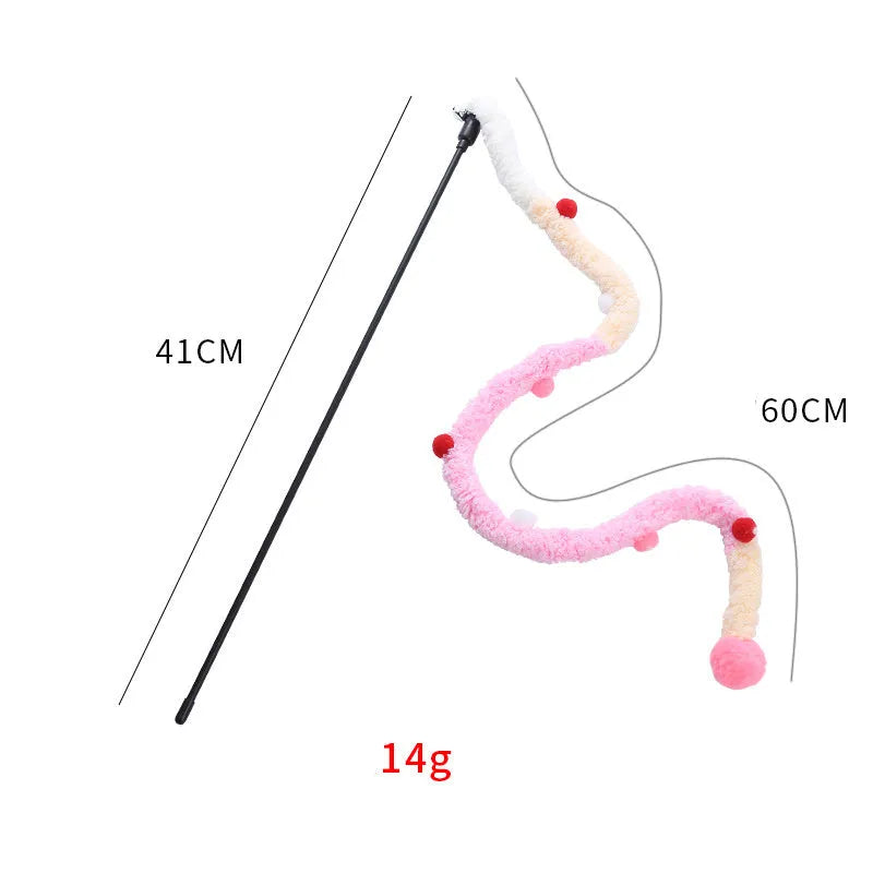 Cat wand toy with long plush strip and colourful ball featuring bells for interactive indoor play
