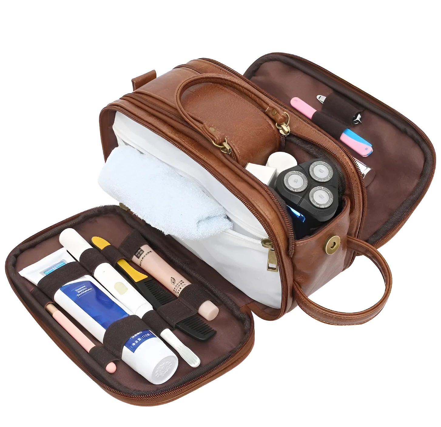 Men's solid-colour black PU toiletry bag for travel storage.
