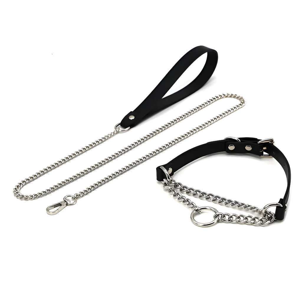 Black cowhide leather collar and matching leash bondage set