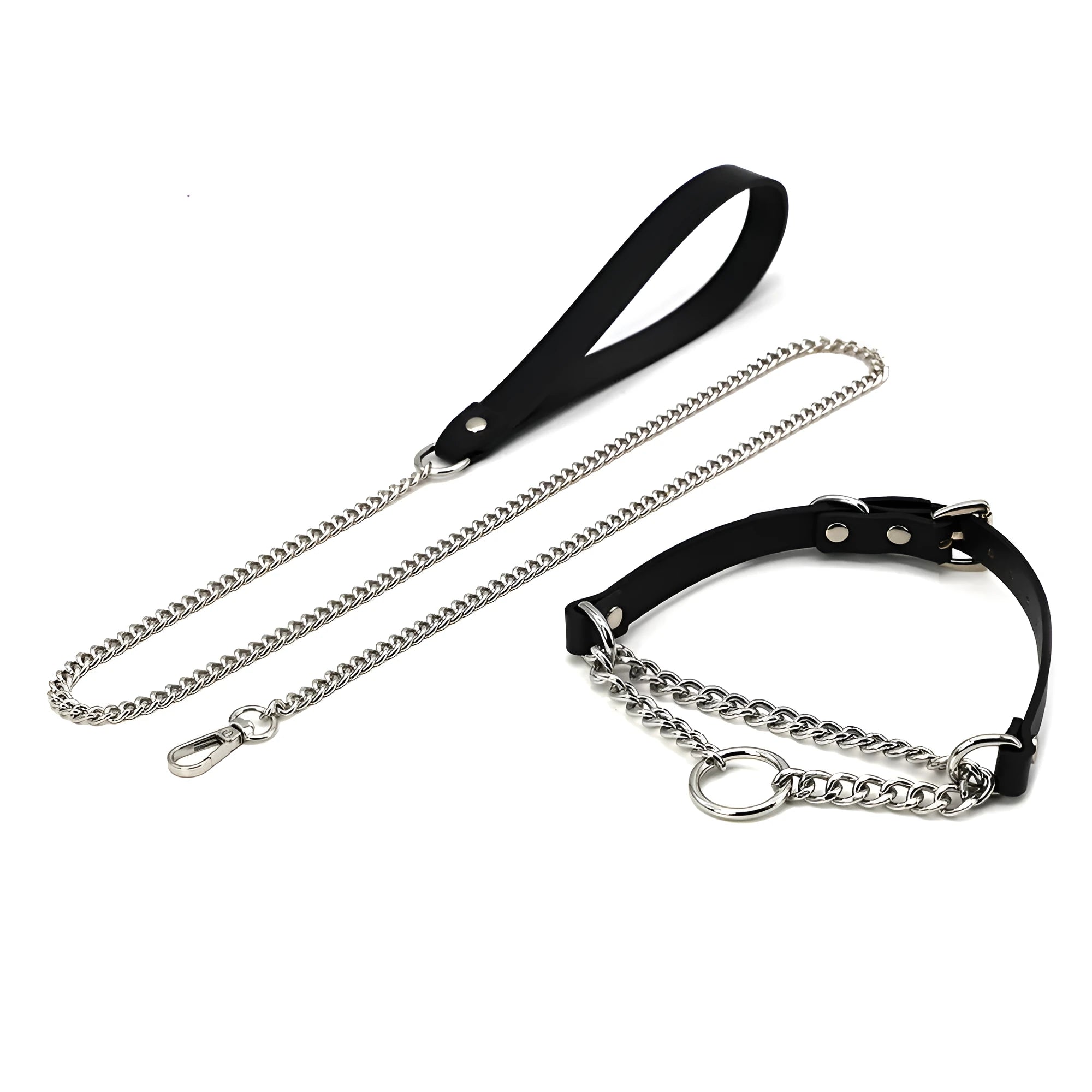Black cowhide leather collar and matching leash bondage set