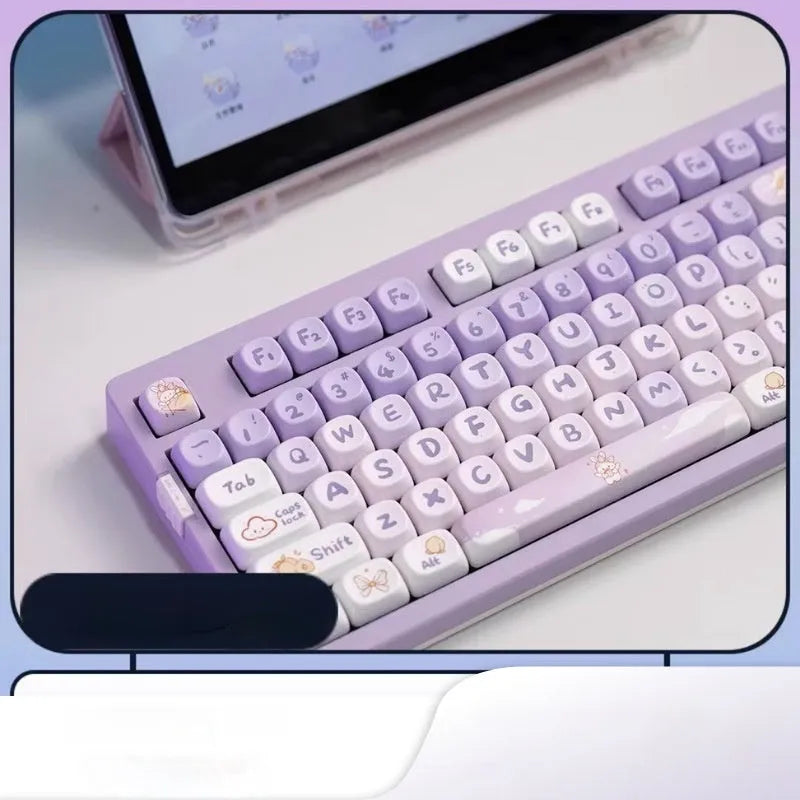 Set of purple gradient mechanical keyboard keycaps with white rabbit artwork.