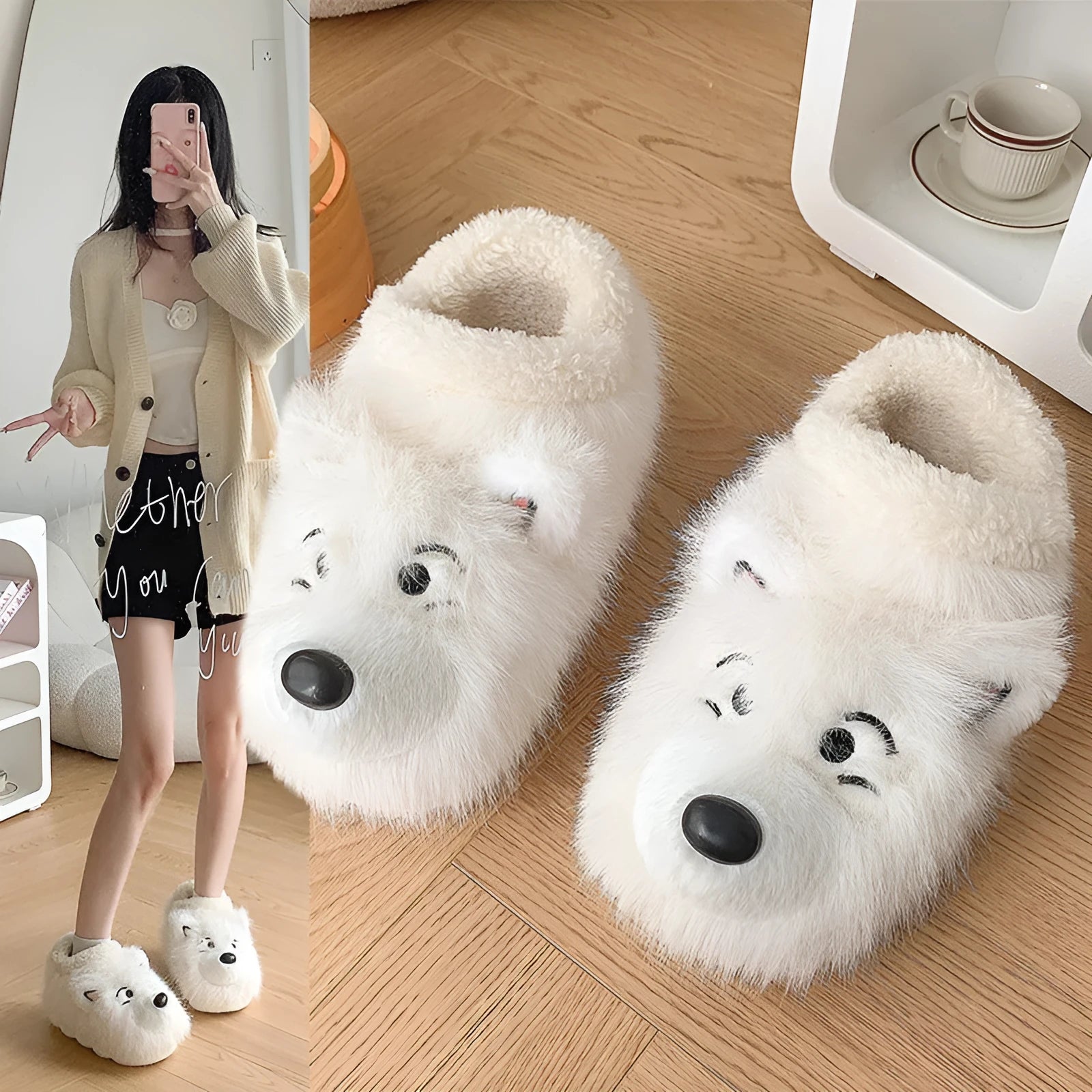 Grey and white cotton ankle wrap slippers with plush upper and non-slip sole