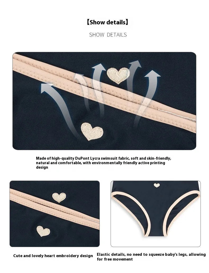 Dark blue split baby girls' swim briefs with high elasticity pattern for swimming ages 1-6 years