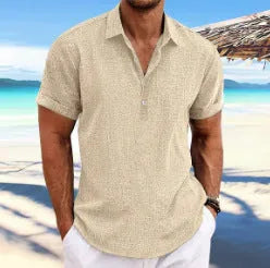 Light grey men's lapel collar cardigan on a hanger, showing long sleeves and a loose knit fit.